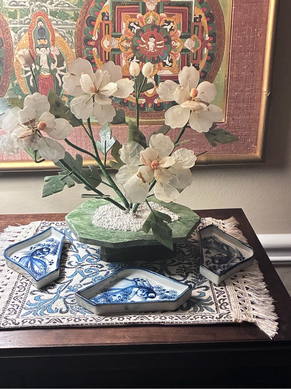 Cream Faux Floral glass Jade Arrangement in Green Planter white flowers